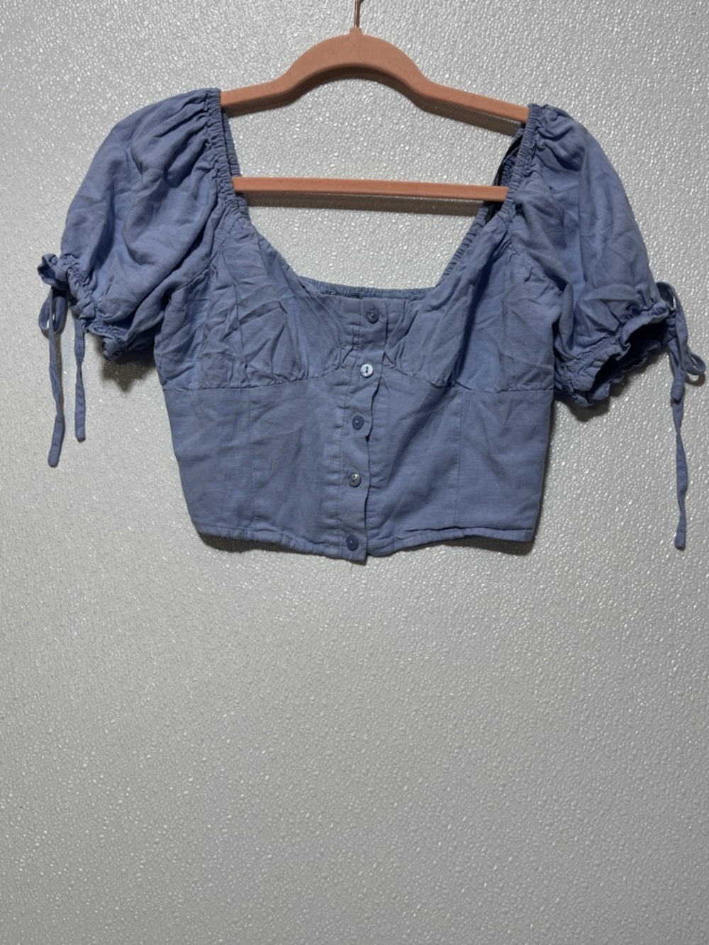5/$25 Forever 21 Women’s Puff Sleeve Button-Front Crop Top — Dusty Blue